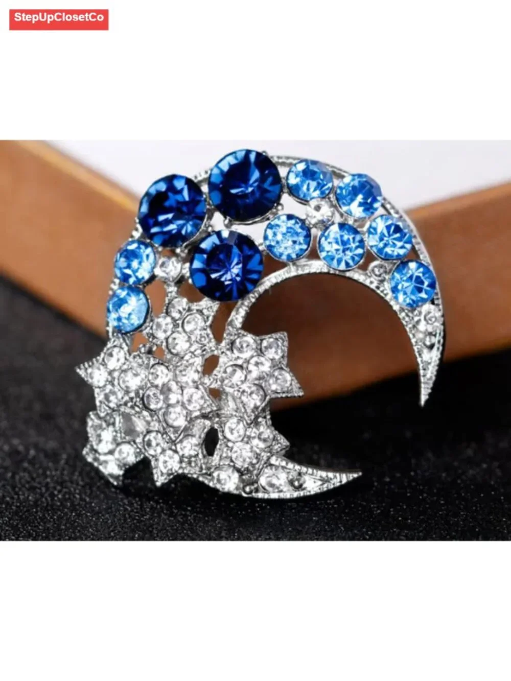 Crystal Moon Star Brooch Pin Sparkle Pearl Lapel Pin Vintage Women Dress Suit
